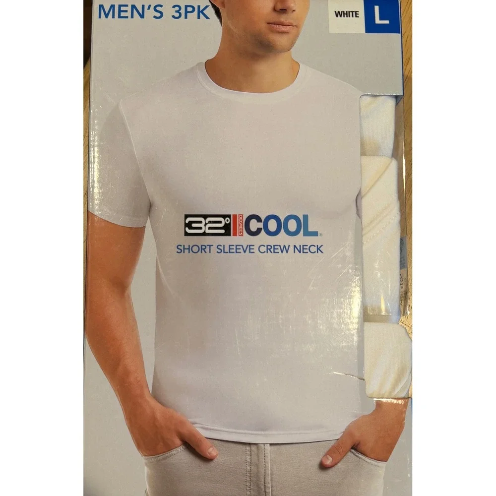 NEW 32 Degrees Cool Mens 3PK Short Sleeve Crew Neck T-Shirt White •L• Athleisure